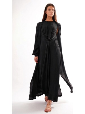 Ceremony Iç Elbisesi Önden Kapalı Pile Kaftanlı Cupra Elbise Takım 950 Siyah