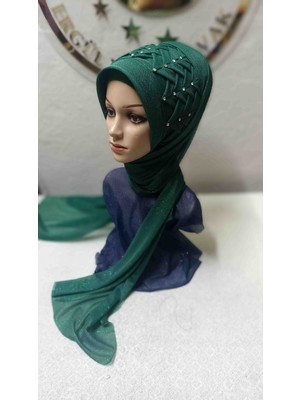Ergül Hazır Duvak Simli Zümrüt Yeşili Hürrem Model Duvak,hazır Duvak,düğün,hazır Şal,hazır Türban,abiye Şal,sünnet,nişan,söz