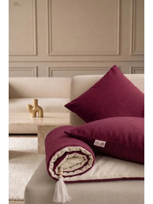 NDC Home Luxury Çift Taraflı Keten Koltuk Pedi / Şiltesi [Kırlentli] - Bordo-Krem
