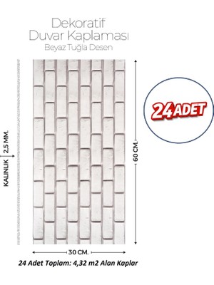 Brano 30X60 cm Kendinden Yapışkanlı Duvar,banyo,tezgah Arası Beyaz Tuğla Desen-24 Adet