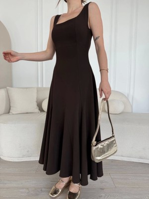 Amorluxe Sırt Dekolteli Kolsuz Uzun Elbise - Kahverengi