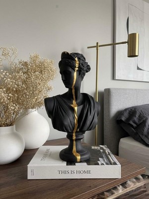 Mirsa Global Dekoratif Diana Büst Biblo – Antik Yunan Heykel Tarzı, Biblo Siyah Gold Lüks Salon Konsol Süs Objesi ( Polyester)