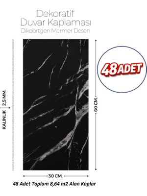 Brano 30X60 cm Kendinden Yapışkanlı Duvar,banyo,tezgah Arası Siyah Mermer Desen -48 Adet
