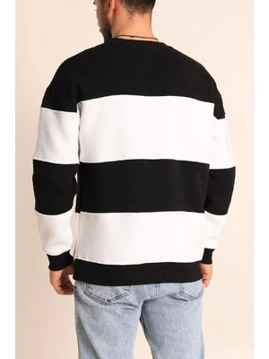 Amorluxe Parçalı Bisiklet Yaka Baskılı Sweatshirt - Siyah