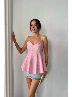 Amorluxe Çizgili Gofre Askılı Pens Detaylı Bluz - Pembe