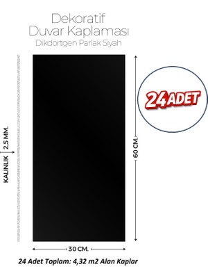 Brano 30X60 cm Kendinden Yapışkanlı Duvar,banyo,tezgah Arası Parlak Siyah Renk-24 Adet