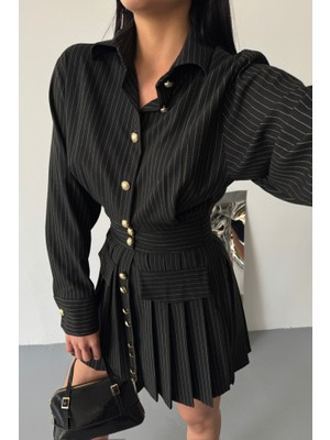 Amorluxe Önden Gold Düğmeli Pileli Kısa Elbise - Siyah