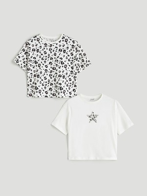 Lcw Ekru Bisiklet Yaka Kız Çocuk Tişört 2'li