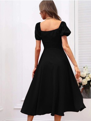 Amorluxe Kadın Kısa Kollu Kare Yakalı Yırtmaçlı Midi Janjan Krep Elbise