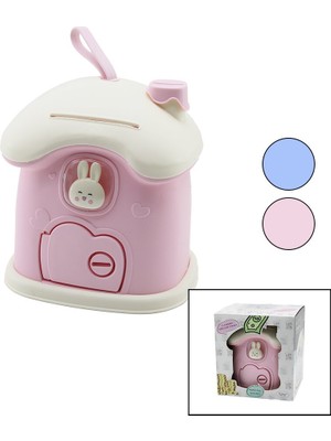 İlanib Ticaret BÜYÜK=18X16X18CM Ev Modeli Kilitli Renkli Plastik Çocuk Kumbara Tavşan Figürlü (5567)