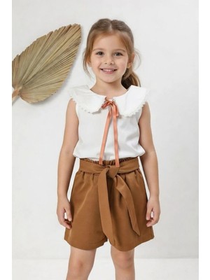 Özşe Moda Nakışlı Bebe Yaka Üst Hardal Şort Takım