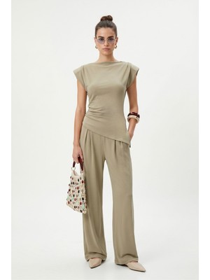 Ritnice Kadın Elvis Modal Touch Vatkalı Asimetrik Bluz Bel Lastikli Haki Alt Üst Takım