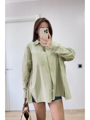 Pileli Store Poplin   Yakalı Yandan Yırtmaçlı Arka Pens Detaylı Gömlek - Yeşil -