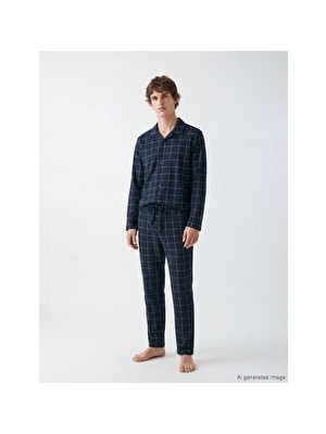 LC Waikiki Lacivert Standart Kalıp Ekose Erkek Pijama Takımı