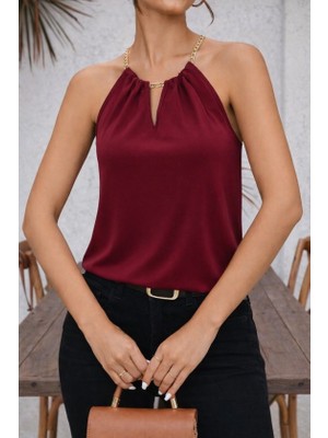 Nidam Butik Kadın Omuzlardan Açık Zincir Halka Detaylı Sandy Bluz