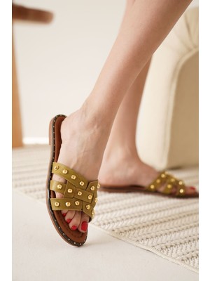 Zerenyus Lucerne Premium Haki Yeşili Hakiki Deri Terlik