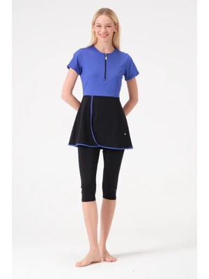 İKSUN Kadın Kısa Kollu Yarı Kapalı Tesettür Mayo Taytlı Boneli Takım Short Arm Swimsuit