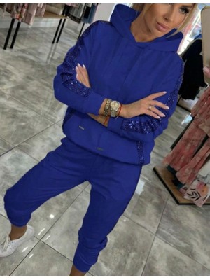 Amorluxe Kadın Uzun Kollu Kapşonlu Pulpayet Detay Viskon Iki Iplik Bluz ve Pantolon Ikili Takım