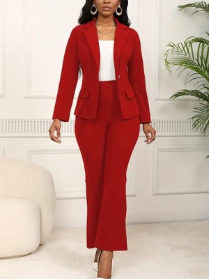 Ezel Glory Kadın Uzun Kollu Yakalı Tek Düğme Detaylı Astarlı Ithal Krep Ceket ve Pantolon Ikili Takım