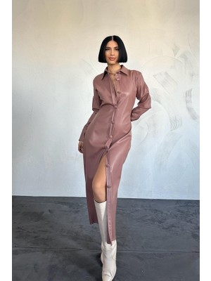 Amorluxe Pudra Boydan Düğmeli Deri Elbise