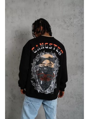 Amorluxe Erkek 3 Iplik Gangster Baskılı Sweatshirt - Siyah