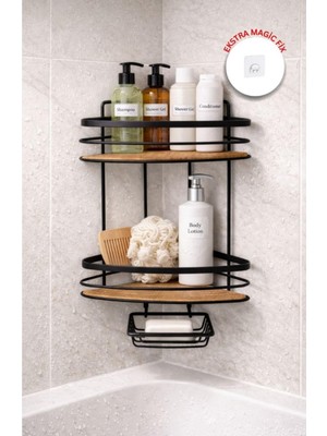 Okyanus Home Iki Katlı Üçgen Şampuanlık & Sabunluk Siyah- Ahşap 21 cm