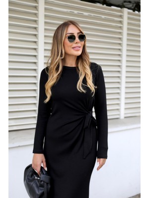 Amorluxe Kadın Uzun Kollu Bisiklet Yaka Belden Çapraz Bağlamalı Yandan Yırtmaçlı Uzun Viskon Iki Iplik Elbise