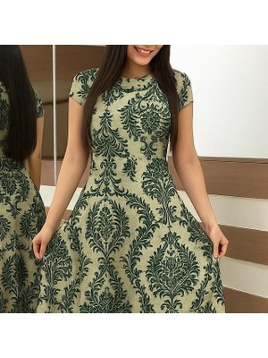 Amorluxe Kadın Kısa Kollu Bisiklet Yaka Puantiyeli Maksi Örme Krep Elbise