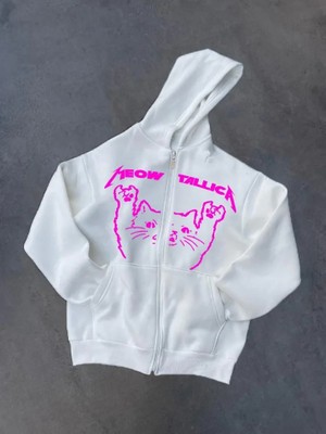 Amorluxe Kışlık Baskılı Fermuarlı Kapüşonlu Hırka - Beyaz