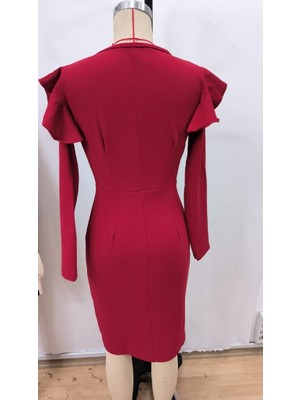 Amorluxe Kadın Uzun Kollu V Yakalı Yandan Yırtmaçlı Midi Ithal Krep Elbise