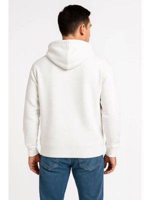 Amorluxe Erkek Üç Iplik Kapüşonlu Tam Fermuarlı Kanguru Çepli Sweatshirt Hoodie - Beyaz