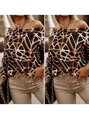 Amorluxe Kadın Uzun Kollu V Yaka Düşük Omuz Geometrik Desen Şardonlu Dalgıç Bluz