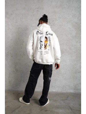 Amorluxe Oversize Üç Iplik Şardonlu Kapüşonlu Sweatshirt – Beyaz “other Lives” Ön ve Arka Baskılı, Kanguru Cepli, Ribanalı Rahat Kışlık Model Beyaz