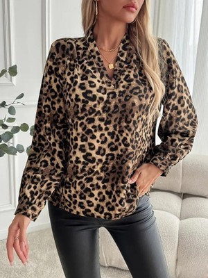 Amorluxe Kadın Uzun Kollu V Yakalı Modal Leopar Desenli Bluz