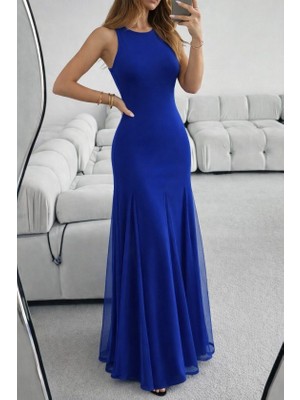 Amorluxe Kadın Askılı Bisiklet Yaka Etek Ucu Tül Detaylı Asimetrik Kiloş Uzun Ithal Krep Elbise