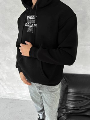 Amorluxe Kışlık Üç Iplik Kapşonlu Sweatshirt - Siyah