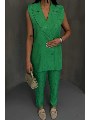Amorluxe Jakar Kumaş Yelek - Pantolon Takım - Yeşil