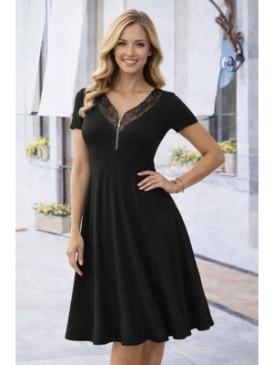 Mericline Kadın Kısa Kollu Dantel V Fermuar Yakalıuzun Viskon Elbise