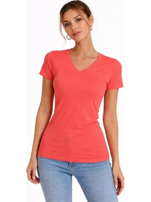 Amorluxe T-Shirt V Yaka Slim Fit Likralı Tişört Günlük Basic Body - Nar Çiçeği