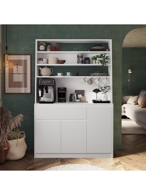 Bimossa Y3140 Alba 120 cm Beyaz Kasalı Kahve Köşesi Çok Amaçlı Kapaklı Raflı Mutfak ve Kiler Dolabı