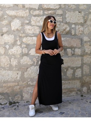 Amorluxe Kadın Askılı Yuvarlak Yakalı Cepli Yırtmaç Detaylı Viskon Elbise ve Atlet Ikili Takım