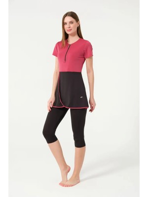 İKSUN Kadın Kısa Kollu Yarı Kapalı Tesettür Mayo Taytlı Boneli Takım Short Arm Swimsuit
