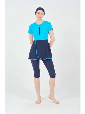 İKSUN Kadın Kısa Kollu Yarı Kapalı Tesettür Mayo Taytlı Boneli Takım Short Arm Swimsuit
