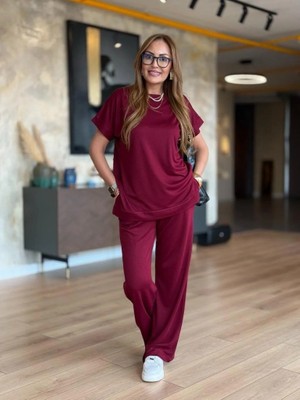 Amorluxe Kadın Kısa Kollu Bisiklet Yaka Viskon Iki Iplik Bluz ve Pantolon Ikili Takım