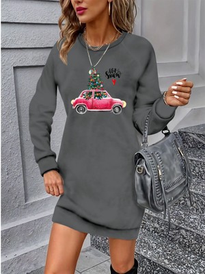 Amorluxe Kadın Uzun Kollu Bisiklet Yaka Desenli Viskon Iki Iplik Elbise