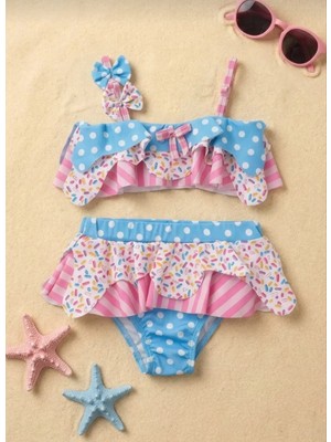 Kız Çocuk Fırfırlı Bikini Takımı – Desenli Etekli Mayo Seti