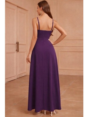 Amorluxe Kadın Ip Askılı Kruvaze Yakalı Yırtmaçlı Uzun Ithal Krep Elbise