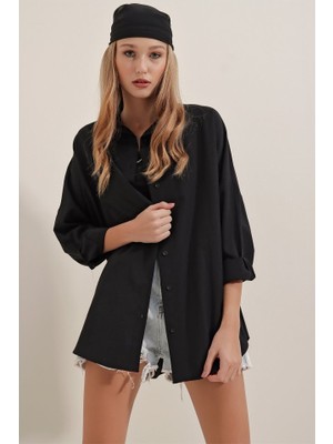 Amorluxe Siyah Oversize Uzun Basic Gömlek 3900
