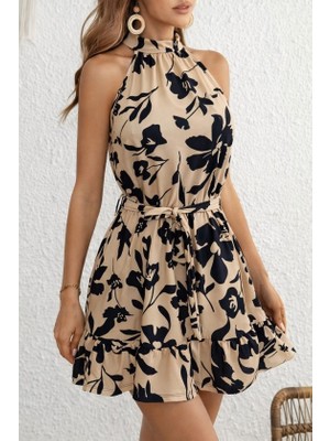 Amorluxe Kadın Omuzlardan Açık Balıkçı Yakalı Kuşaklı Desenli Kısa Süprem Elbise