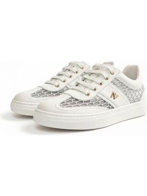 Ne&Ve Shoes Beyaz Deri File Garnili Aksesuar Detaylı Kadın Günlük Sneaker